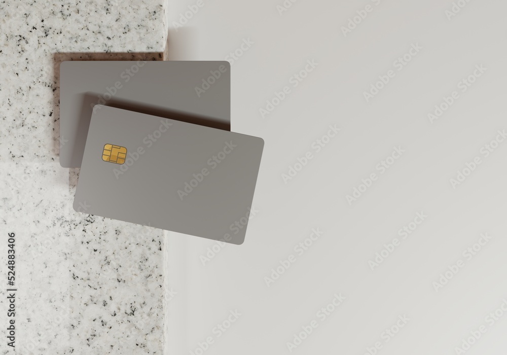 Bank card presentation template on a granite slab. Stylish silver bank ...