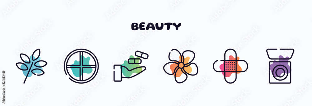 beauty outline icons set. thin line icons such as herbs, tray, treatment, jasmine, band aid, bronzer icon collection. can be used web and mobile. beauty outline icons set. thin line icons such as herbs, tray, treatment, jasmine, band aid, bronzer icon collection. can be used web and mobile.