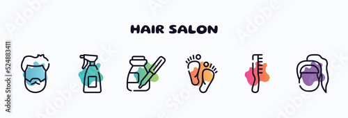 hair salon outline icons set. thin line icons such as male head hair and beard, hair salon spray bottle and can, serum, barefoot, one comb, female head with ponytail icon collection. can be used web