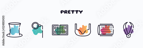 pretty outline icons set. thin line icons such as tall hat, monocle, paints, bra, hair roller, pluck icon collection. can be used web and mobile.