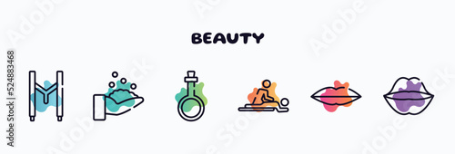 beauty outline icons set. thin line icons such as suspenders, hygienic, potions, massages, seductive, kiss icon collection. can be used web and mobile.