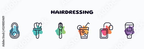 hairdressing outline icons set. thin line icons such as avocado, tint, make, ice tea, tea bag, hair softener icon collection. can be used web and mobile.