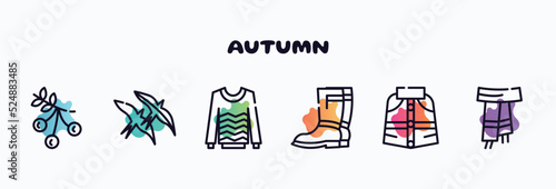 autumn outline icons set. thin line icons such as rowan, bird migration, sweater, rain boots, cloak, scarf icon collection. can be used web and mobile.