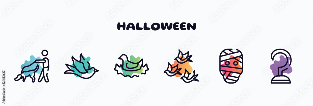 halloween outline icons set. thin line icons such as dog and a man, black bird, bird in nest, birds group, mummy, hook icon collection. can be used web and mobile.