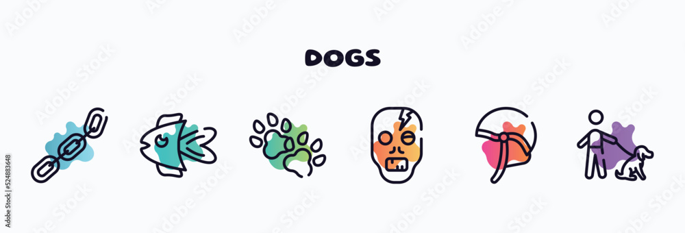 dogs outline icons set. thin line icons such as chains, fish, dog paw, zombie, jockey hat, dog with owner icon collection. can be used web and mobile.