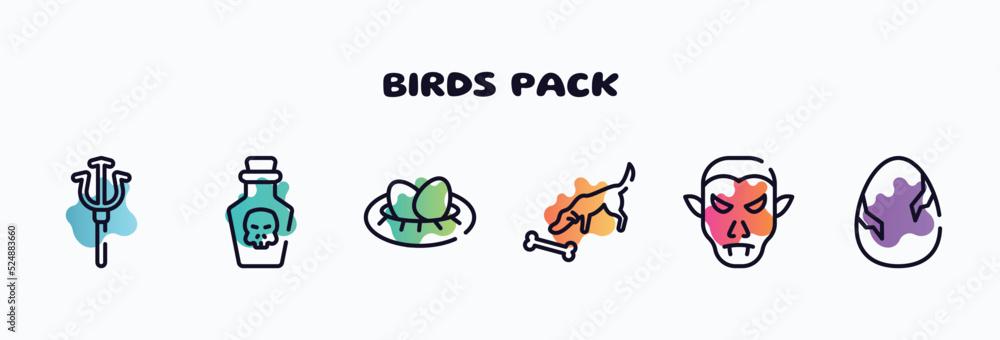 birds pack outline icons set. thin line icons such as trident, poison, nest with eggs, dog smelling a bone, vampire, egg with a crack icon collection. can be used web and mobile.