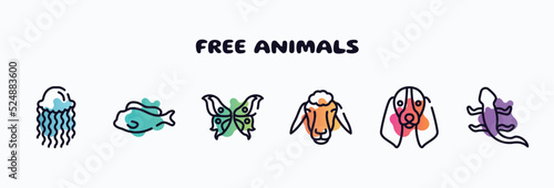 free animals outline icons set. thin line icons such as swimming jellyfish, tropical fish, butterfly wings, sheep head, bas hound dog head, curved lizard icon collection. can be used web and mobile.