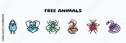 free animals outline icons set. thin line icons such as sheep front view, funny dog head, big fly, poisonous cobra, big mosquito, earth worm icon collection. can be used web and mobile.