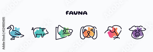 fauna outline icons set. thin line icons such as wild duck, pig with round tail, chameleon head, null, kiwi eating, pig head icon collection. can be used web and mobile.