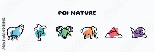 poi nature outline icons set. thin line icons such as sheep with curly wool, plain palm tree, ram, elephant alone, angular mountain, null icon collection. can be used web and mobile.