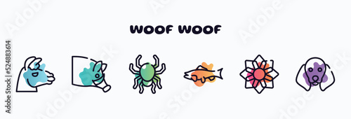 woof woof outline icons set. thin line icons such as lama head, hog head, poisonous spider, big salmon, angular flower, dog with floppy ears icon collection. can be used web and mobile.