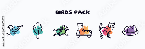 birds pack outline icons set. thin line icons such as bird eating seeds, plain tree, race horse with jockey, roller skate, black cat, egg in a nest icon collection. can be used web and mobile.