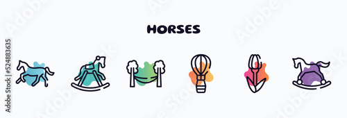 horses outline icons set. thin line icons such as horse running, horse rocker black, hammock, hot air balloon, tulips, horse rocker icon collection. can be used web and mobile.