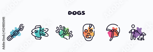 dogs outline icons set. thin line icons such as chains, fish, dog paw, zombie, jockey hat, dog with owner icon collection. can be used web and mobile.