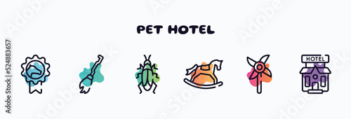 pet hotel outline icons set. thin line icons such as horse races badge, broom, roach, rocker horse, pinwheel, pets hotel icon collection. can be used web and mobile.
