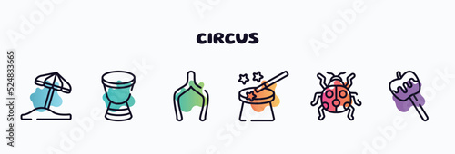 circus outline icons set. thin line icons such as sun umbrella, african drums, wishbone, magic wand, ladybird, caramel icon collection. can be used web and mobile.