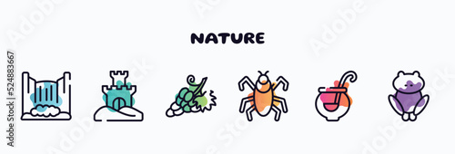 nature outline icons set. thin line icons such as cataract, sand castle, grapes, insect, punch bowl, toad icon collection. can be used web and mobile.