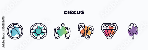 circus outline icons set. thin line icons such as beach ball, lifesaver, juggling, flip flops, diamonds, cotton candy icon collection. can be used web and mobile.