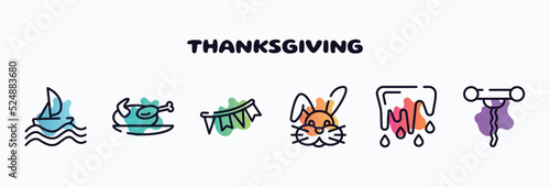 thanksgiving outline icons set. thin line icons such as sailing, turkey, garlands, bunny, thaw, corkscrew icon collection. can be used web and mobile.