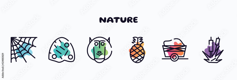nature outline icons set. thin line icons such as cobweb, anthill, baboon, pine, wagon, bulrush icon collection. can be used web and mobile.