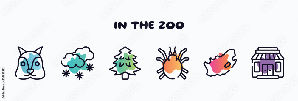 in the zoo outline icons set. thin line icons such as squirrel, snowy, pine tree, mite, south africa, gift shop icon collection. can be used web and mobile.