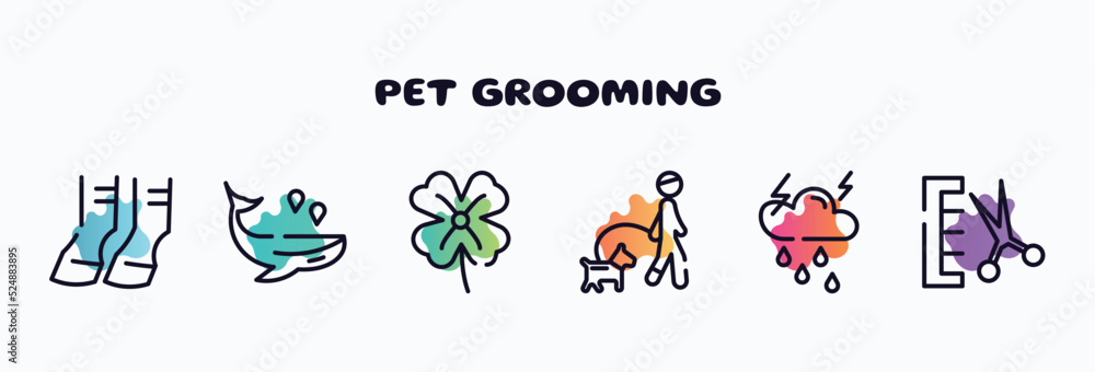 pet grooming outline icons set. thin line icons such as hoof, whale, clover, walking the dog, thunderstorm, groomer icon collection. can be used web and mobile.
