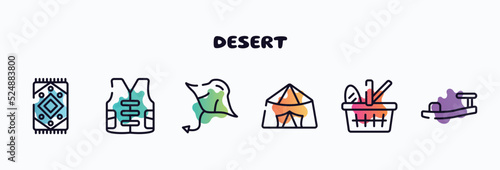 desert outline icons set. thin line icons such as rug, vest, manta ray, jaima tent, picnic basket, sandals icon collection. can be used web and mobile.