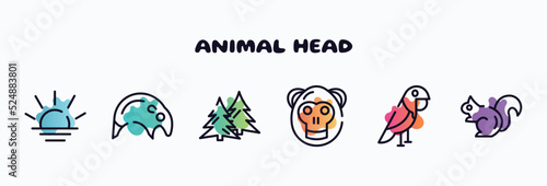 animal head outline icons set. thin line icons such as sun, tapir, spruce, orangutan, parrot, chipmunk icon collection. can be used web and mobile.