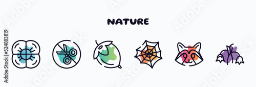 nature outline icons set. thin line icons such as poppy, no cut, hazelnut, spider web, racoon, harebell icon collection. can be used web and mobile.