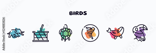 birds outline icons set. thin line icons such as elephants, picnic basket, tortoise, tornado, blue whale, toucan icon collection. can be used web and mobile.