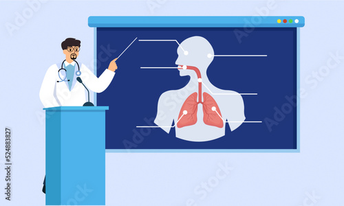 Doctor explaining lungs anatomy. doctor at conference discuss type of anatomy.  education concept. Flat vector illustration.