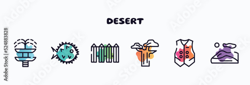 desert outline icons set. thin line icons such as fountain, puffer fish, fence, baobab, waistcoat, dunes icon collection. can be used web and mobile.