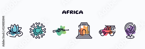 africa outline icons set. thin line icons such as water lily, snowflakes, rifle, monument, , location pin icon collection. can be used web and mobile.