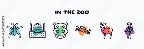 in the zoo outline icons set. thin line icons such as gerridae, basilica, hippopotamus, diving, reindeer, trainer icon collection. can be used web and mobile. © VectorStockDesign