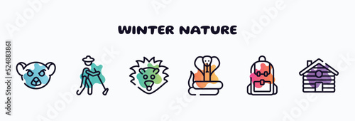 winter nature outline icons set. thin line icons such as lemur, gardener, hedgehog, cobra, backpack, cabin icon collection. can be used web and mobile.
