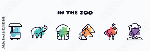 in the zoo outline icons set. thin line icons such as food cart, safari, hut, pyramid, ostrich, biologist icon collection. can be used web and mobile.