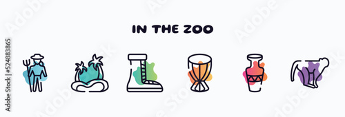 in the zoo outline icons set. thin line icons such as zoo keeper, oasis, boot, african drum, vase, monkeys icon collection. can be used web and mobile.
