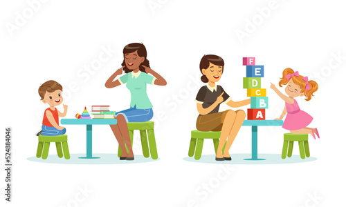 Speech therapist doing logopedic articulation exercises with little children. Teacher explaining alphabet to kids in kindergarten cartoon vector illustration