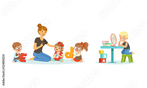 Teacher doing logopedic articulation exercises and explaining alphabet to little children in kindergarten cartoon vector illustration