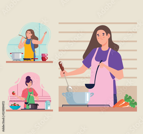 three girls cooking in kitchen