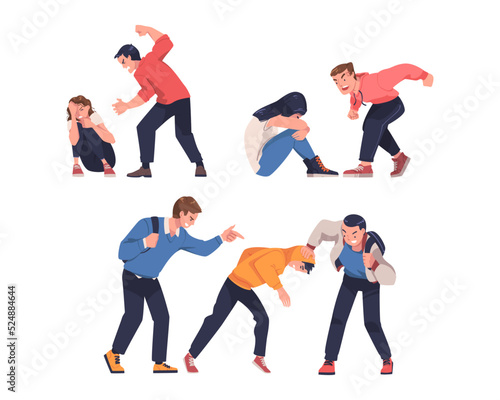 Angry people arguing and fighting set. Husband yelling and beating his wife. Domestic violence, teenage bullying cartoon vector illustration