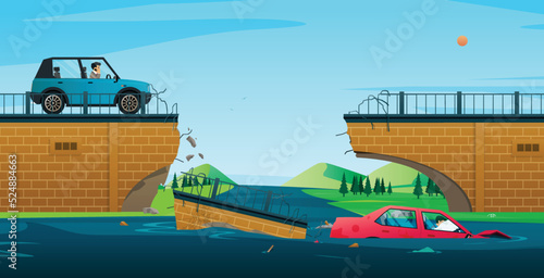 The car fell into the river as a result of a bridge collapse.