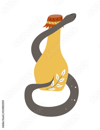 Collection of vector magic fairy tale elements, icons and illustrations. Snake and flask with potion.