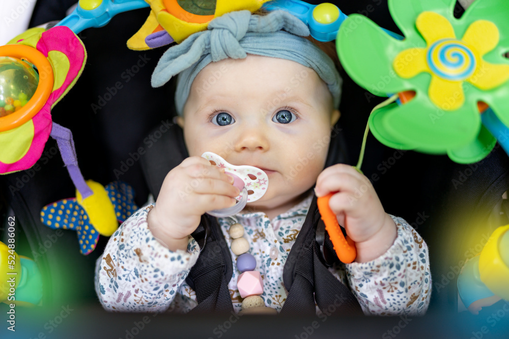 Cute baby girl of five months old sitting fastened in a stroller, infant holding silicone pacifier, playing  with toy development arch.