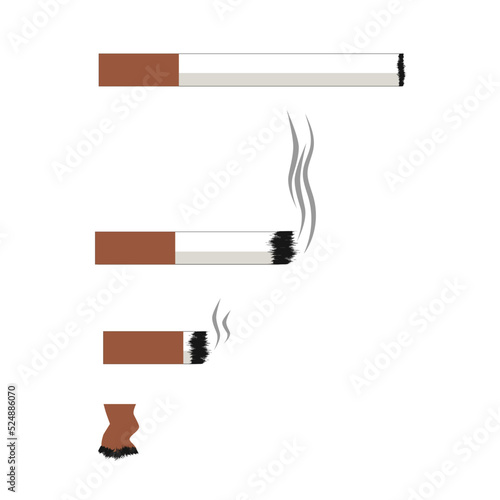 Vector illustration of a whole cigarette, a smoked cigarette, an extinct cigarette butt.