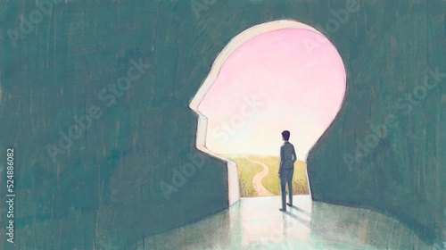 Concept art of success way solution freedom dream brain and hope  , conceptual idea artwork, surreal painting man with happiness of landscape nature in a door ,  illustration