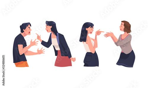 Quarreling people set. Couple arguing and yelling, angry female colleagues cartoon vector illustration