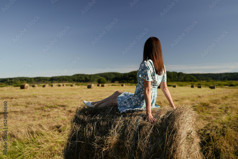 A girl in a summer dress sits on a haystack and enjoys a beautiful view of the field. View from the back. A girl in a summer dress sits on a haystack and enjoys a beautiful view of the field. View from the back.