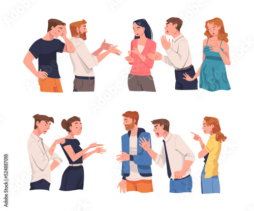 Quarreling people set. People arguing and emotionally disputing, angry colleagues. Conflicts between people vector illustration