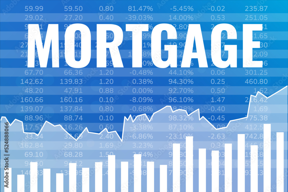 Word Mortgage on blue finance background with line, columns, numbers